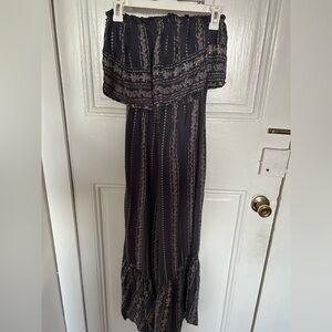 Adorable flare blue and tan strapless jumpsuit